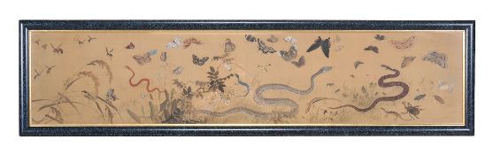 A framed painting on textile depicting reptiles and insects  A framed painting on textile