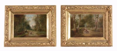 English School (19th Century) - Travellers on a woodland path A pair, oil on canvas Each c.25.5 x