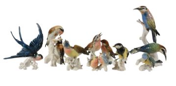 Eight various German porcelain models of birds, mid 20th century  Eight various German porcelain (