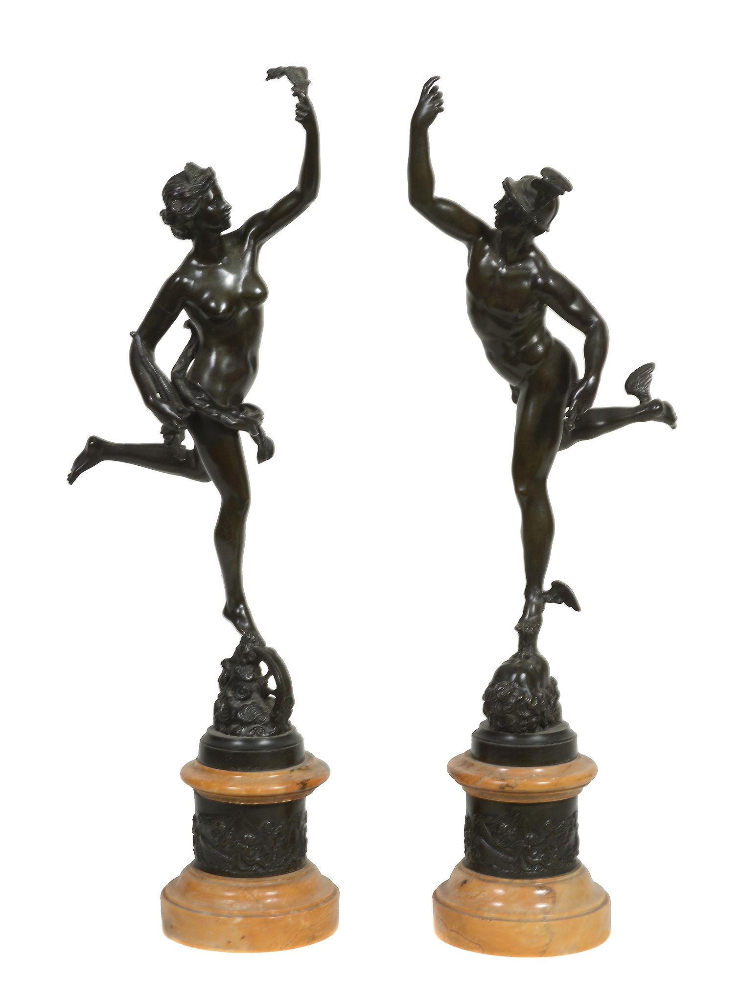 A pair of Continental patinated bronze and marble mounted models of Mercury...  A pair of