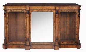 A Victorian burr walnut and inlaid breakfront library cabinet, circa 1870  A Victorian burr walnut