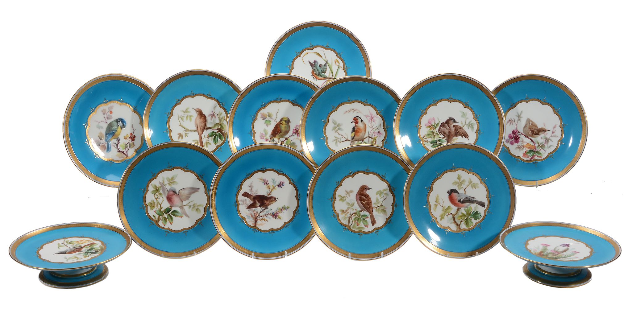 A Mintons porcelain turquoise ground ornithological part dessert service  A Mintons porcelain