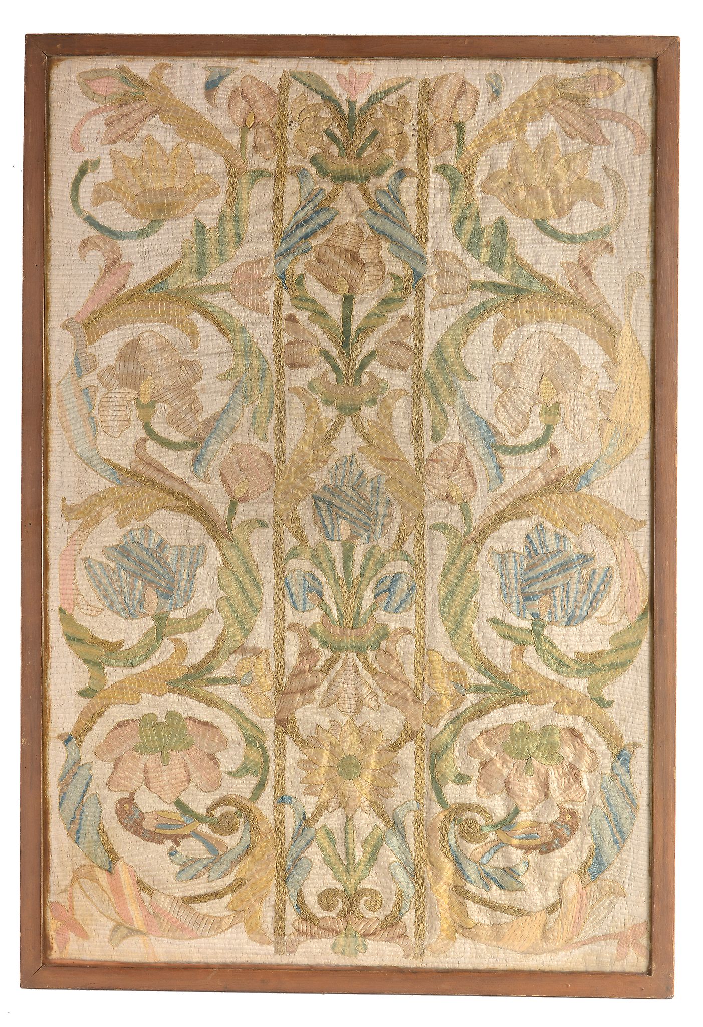 An early 18th century embroidered panel, circa 1710  An early 18th century embroidered panel,