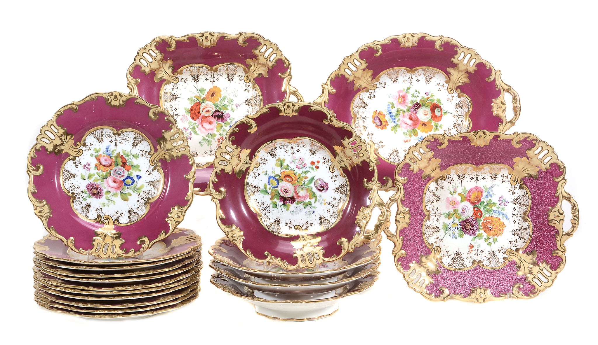 An English porcelain claret-ground part dessert service, possibly H. & R  An English porcelain