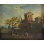 Circle of Christian Hilfgott Brand (1694-1756) - Travellers on a path with buildings beyond Oil on