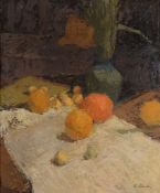 L. Austin (20th Century) - Still life with oranges and lemons on a white cloth rested on a table Oil