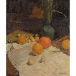 L. Austin (20th Century) - Still life with oranges and lemons on a white cloth rested on a table Oil