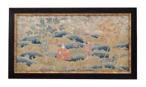 A needlework pa nel , 18th cent ury, with figures in a country landscape and...  A  needlework pa