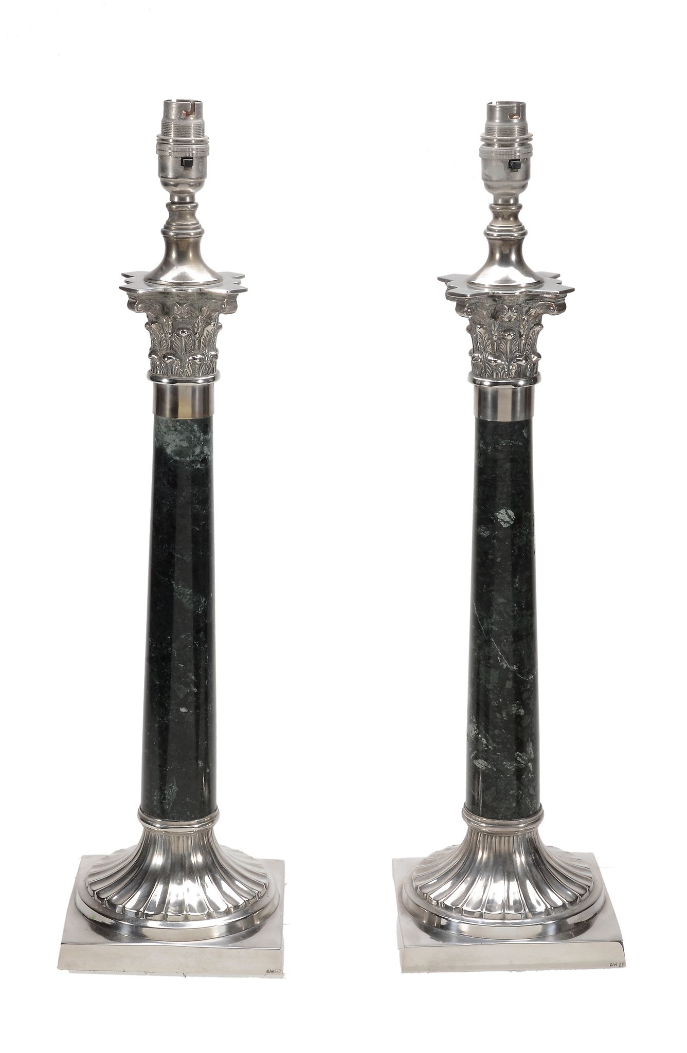 A pair of silver plated metal mounted green marble columnar table lamps  A pair of silver plated