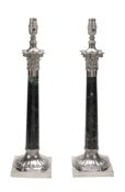 A pair of silver plated metal mounted green marble columnar table lamps  A pair of silver plated