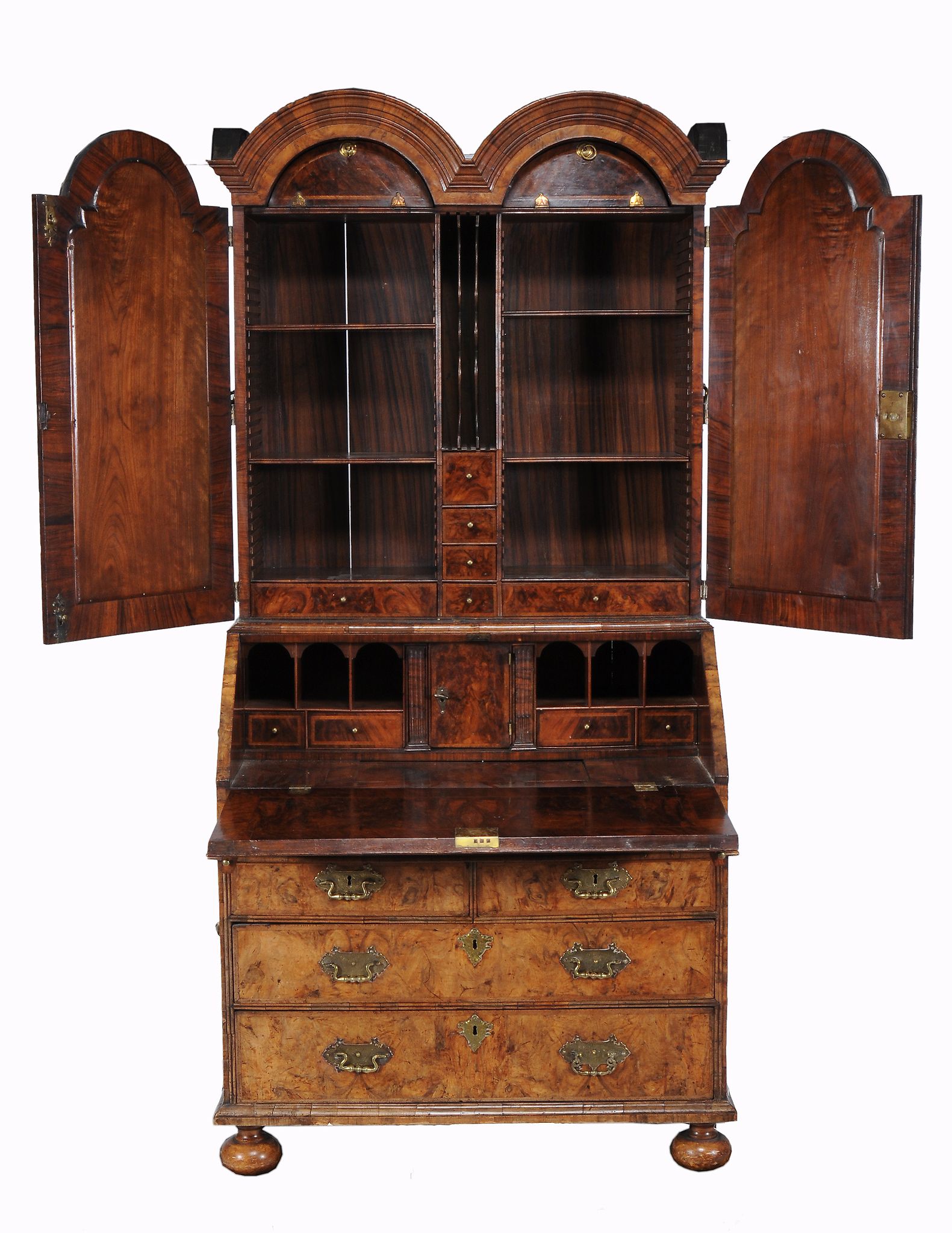 A Queen Anne figured walnut double dome top bureau bookcase , circa 1710  A Queen Anne figured - Image 5 of 5