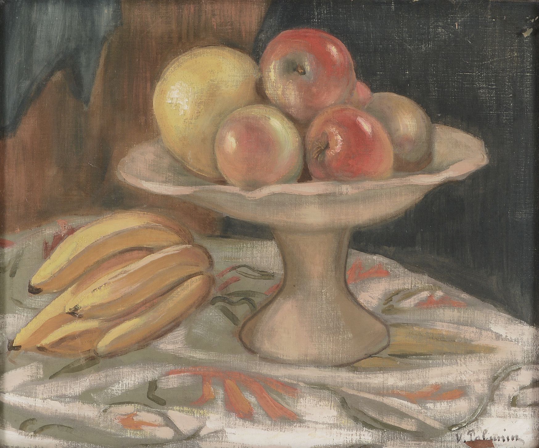 Vladimir Polunin (b.1880-?) - Still life with apples and a grapefruit in a bowl, with bananas on a