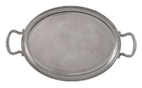 A Italian silver coloured oval twin handled tray, post 1968  A Italian silver coloured oval twin