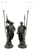 A pair of Continental spelter models of pikemen, later refitted as table lamps, early 20th