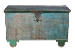 An Indian dowery chest on wheels, possibly Goan, in blue green painted finish.135cm wide x 62cm deep
