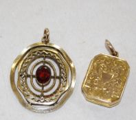 A 9ct locket, rectangular, 3.3g approx. and a gold coloured pendant with ruby coloured stone (2)