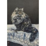 Charles A. Brindley (fl.1880-1916)  Study of a Persian cat, on lace tablecloth with rodent prey