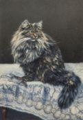 Charles A. Brindley (fl.1880-1916)  Study of a Persian cat, on lace tablecloth with rodent prey