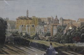 John Doyle (b.1928)  View of the Forum   Watercolour (over a printed base)  Signed lower right  29.