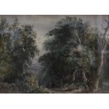 In the manner of David Cox  Figures on a woodland pass  Watercolour  Unsigned  18.5cm x 25.5cm