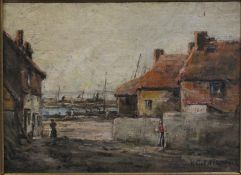 Attributed to Harold Goldthwaite  Harbour town street scene  Oil on board   Signed indistinctly