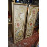 A pair of 19th Century embroidered panels on linen, wool embroidery, depicting birds amongst floral,