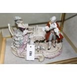 A Continental 18th century style porcelain group of a girl playing piano accompanied by a man on