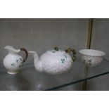 A Belleek shamrock tea service, second period, to include teapot, jug, sugar basin, two cups, two