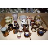 Assorted lustreware jugs, character jugs, Hancocks Ivoryware bowl and vase, Crown Devon '