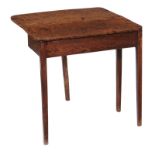 An oak and burr ash drop leaf table, with a figured top on chamfered tapering legs 71cm high, 71cm