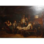 After Franz von Defregger   A tavern and a group sat around the table  Painted over prints, a