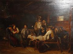 After Franz von Defregger   A tavern and a group sat around the table  Painted over prints, a