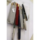 A 9ct Parker 61 fountain pen and matching 9ct Parker 61 biro, two other Parker gold coloured