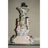 A Dresden porcelain table lamp, floral encrusted, with figures of children, 40cm high approx.