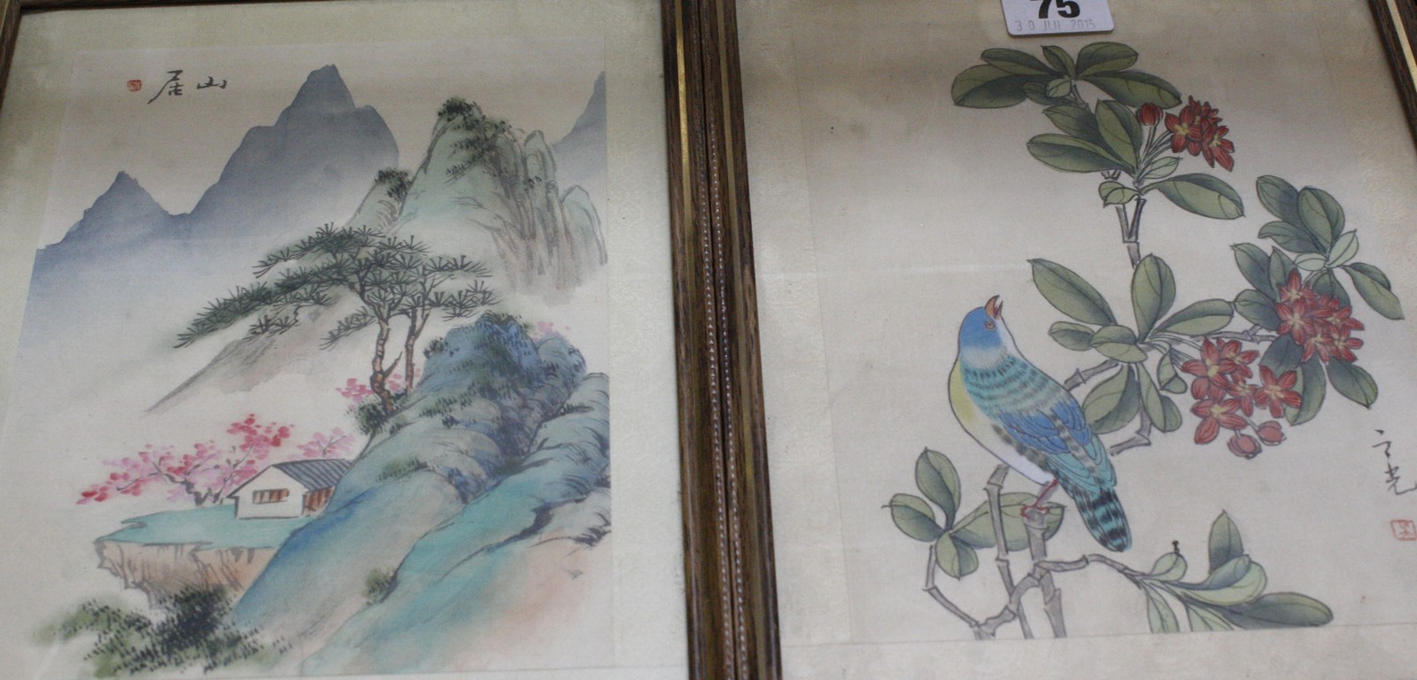 Five Oriental watercolours on silk, of birds, landscapes, floral,  20cm x 15cm (5)
