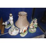 A Staffordshire group of musicians with farm animals, 19cm high  and a Dresden porcelain table lamp,