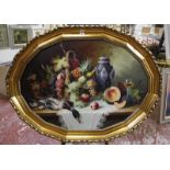 A large Dutch School style still life of fruit and game, oil and canvas, oval, signed A.. Hoppner,