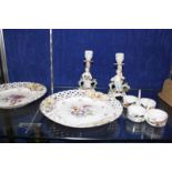 A selection of Dresden porcelain, comprising; a pair of plates decorated with flowers within pierced