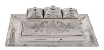 A Victorian silver triple inkwell by Thomas William Dee, London 1864  A Victorian silver triple