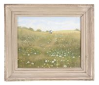 Leila Dix (20th Century) - Two figures in a daisy field Watercolour, heightened with white, on