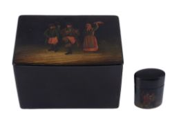 A Russian papier mache lacquer rectangular tea caddy by Vishniakov  A Russian papier mache lacquer