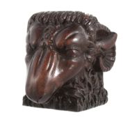 A George III mahogany novelty snuff box, circa 1780, boldly carved as a ram  A George III mahogany