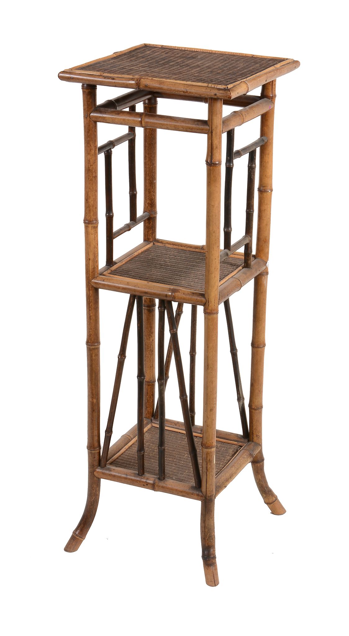 A Victorian bamboo stand, circa 1870, with three caned tiers joined by...   A Victorian bamboo