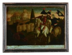 A reversing painted print on glass titled recto THE FRENCH ENTERING VIENNA  A reversing painted