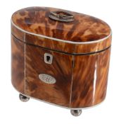 A George III straight-sided oval blonde tortoiseshell tea caddy, circa 1780  A George III straight-