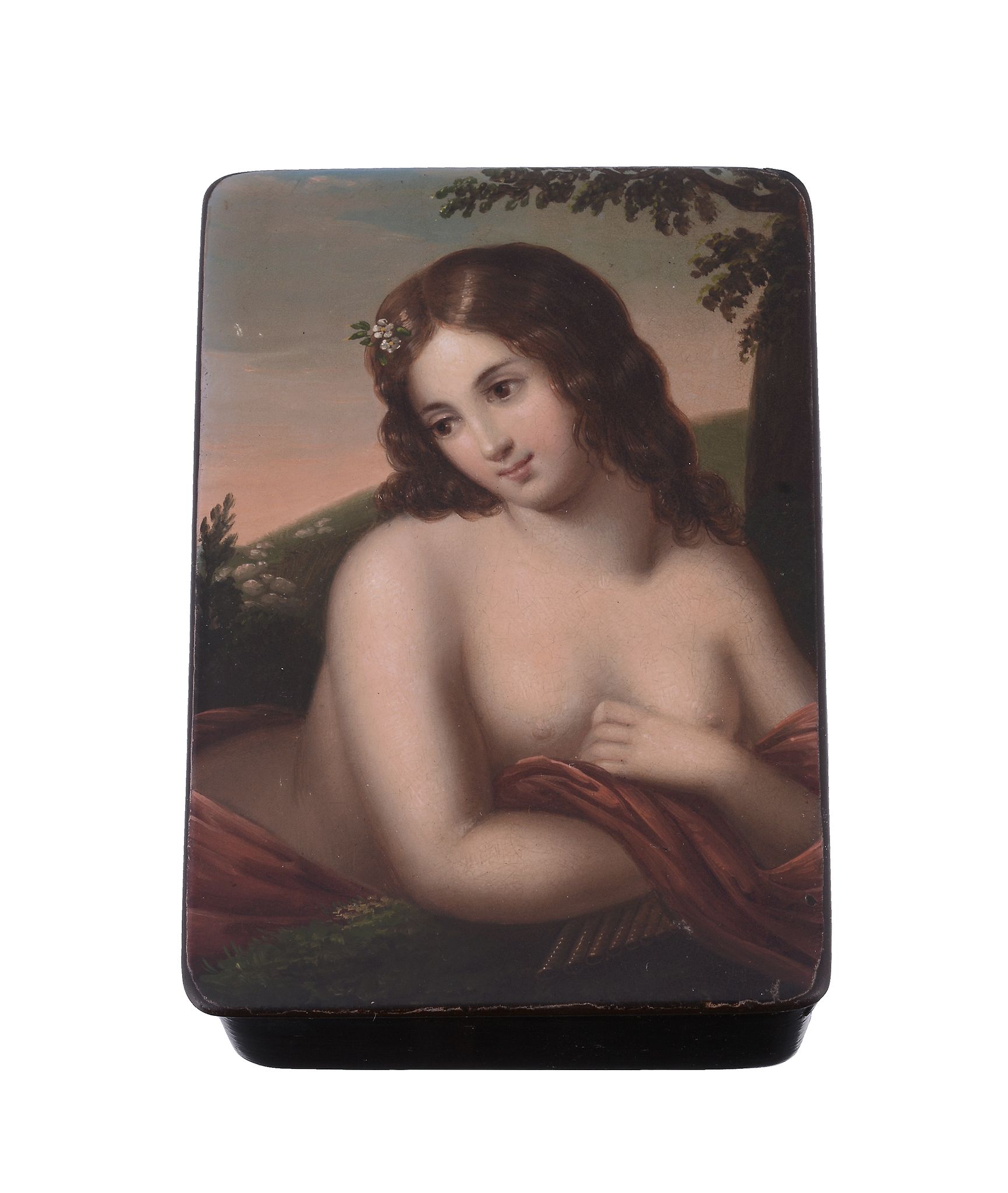 A German papier mache rectangular snuff box by Meyer & Wried, post 1832  A German papier mache