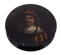 [Theatre interest] A papier mache circular snuff box, circa 1820  [Theatre interest] A papier