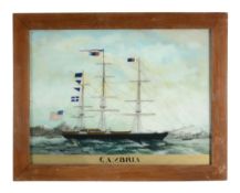 A reverse-painted glass picture of an American sailing vessel titled CAMBRIA  A reverse-painted