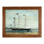 A reverse-painted glass picture of an American sailing vessel titled CAMBRIA  A reverse-painted