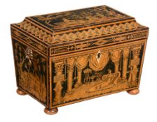 A Regency penworked tea caddy, circa 1815, of sarcophagus form  A Regency penworked tea caddy,